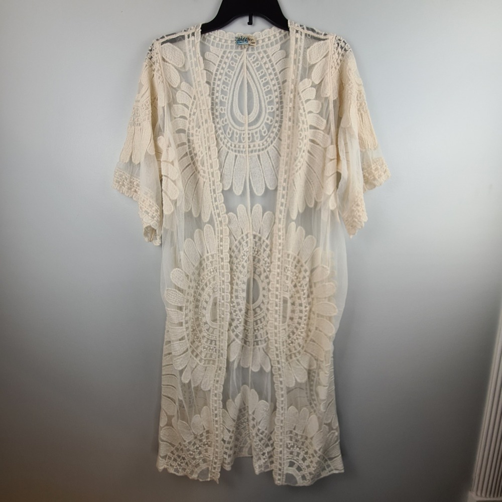 Rebellion Again Womens Cream Sheer Mesh Lace Boho Floral Kimono Cardigan Large